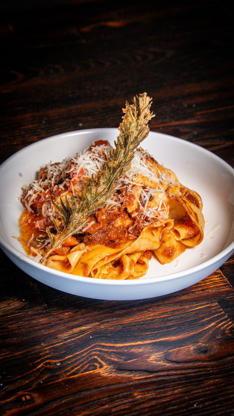 Pappardelle pasta with rich red sauce, grated cheese, and a fried rosemary sprig in a white bowl.