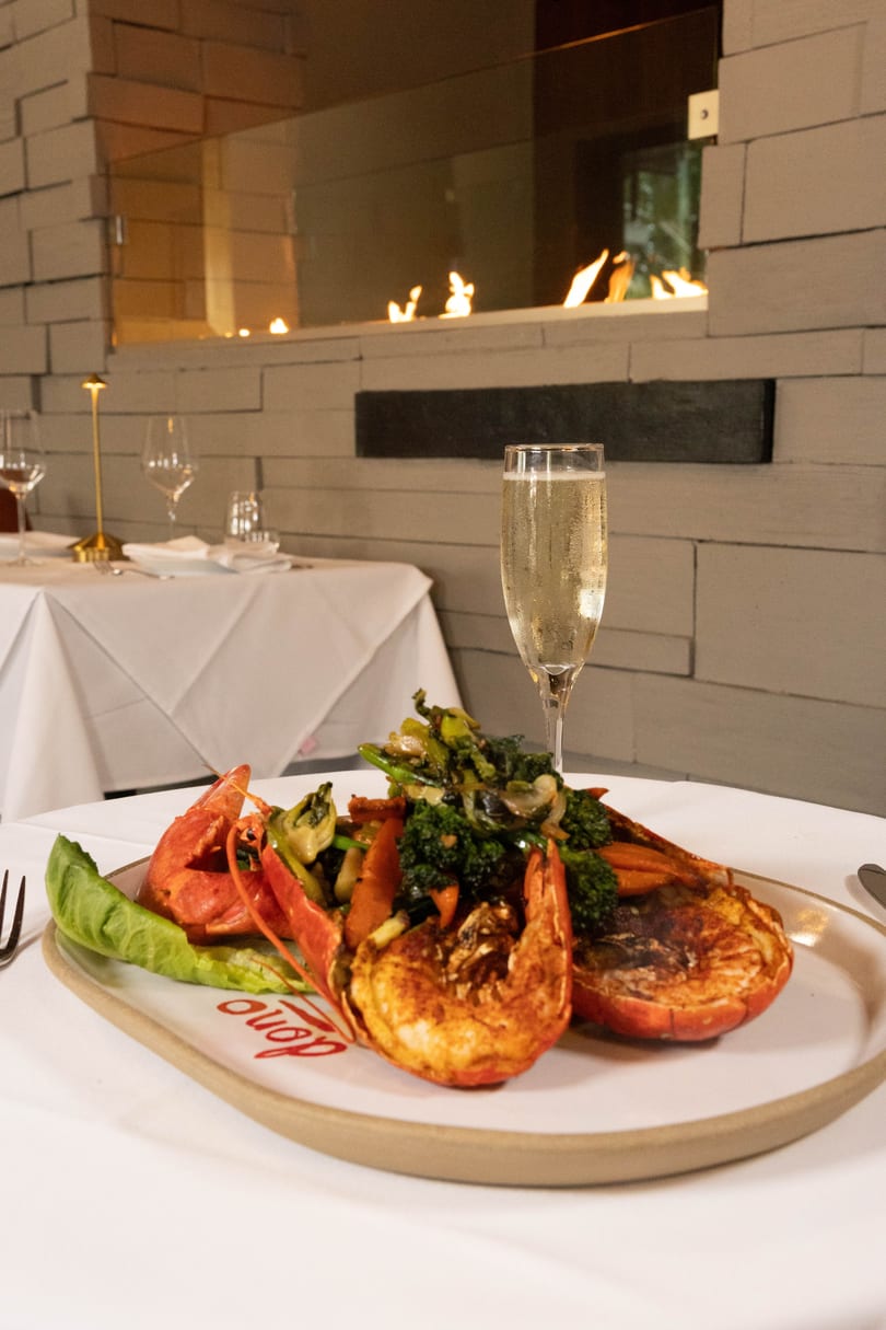 Lobster and vegetables on a plate with a glass of champagne, in a restaurant with a fireplace.